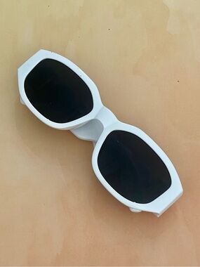 Anthropologie White Chunky Frame Sunglasses with Black Lenses and Gold Accents